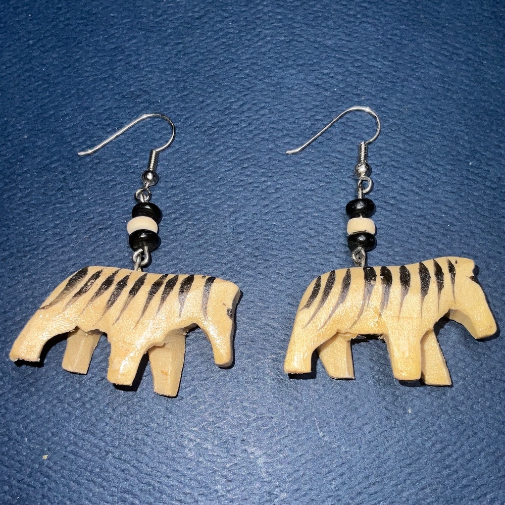 Hand Carved Artisan Wood Zebra Dangle Earrings Shiny Finish & Triple Bead Detail